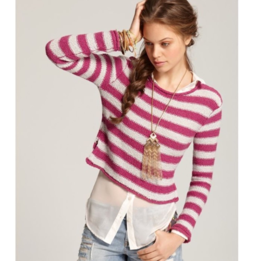 Free People Striped Purple/Grey Crop Sweater Sz M
